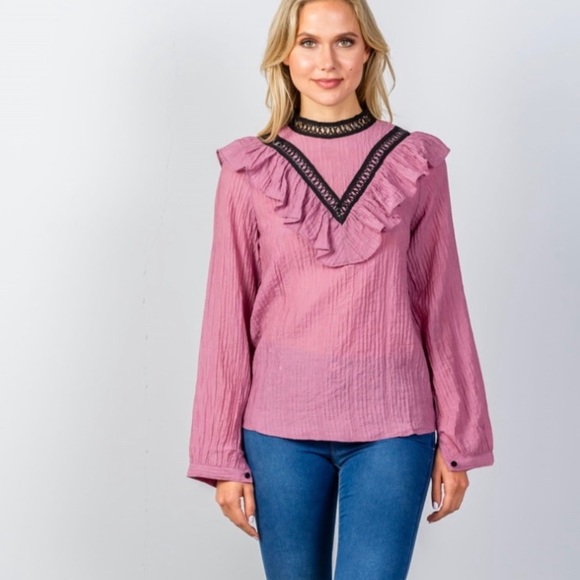 Change of Season Tops - Raspberry RUFFLE Puff Sleeve Blouse pink black